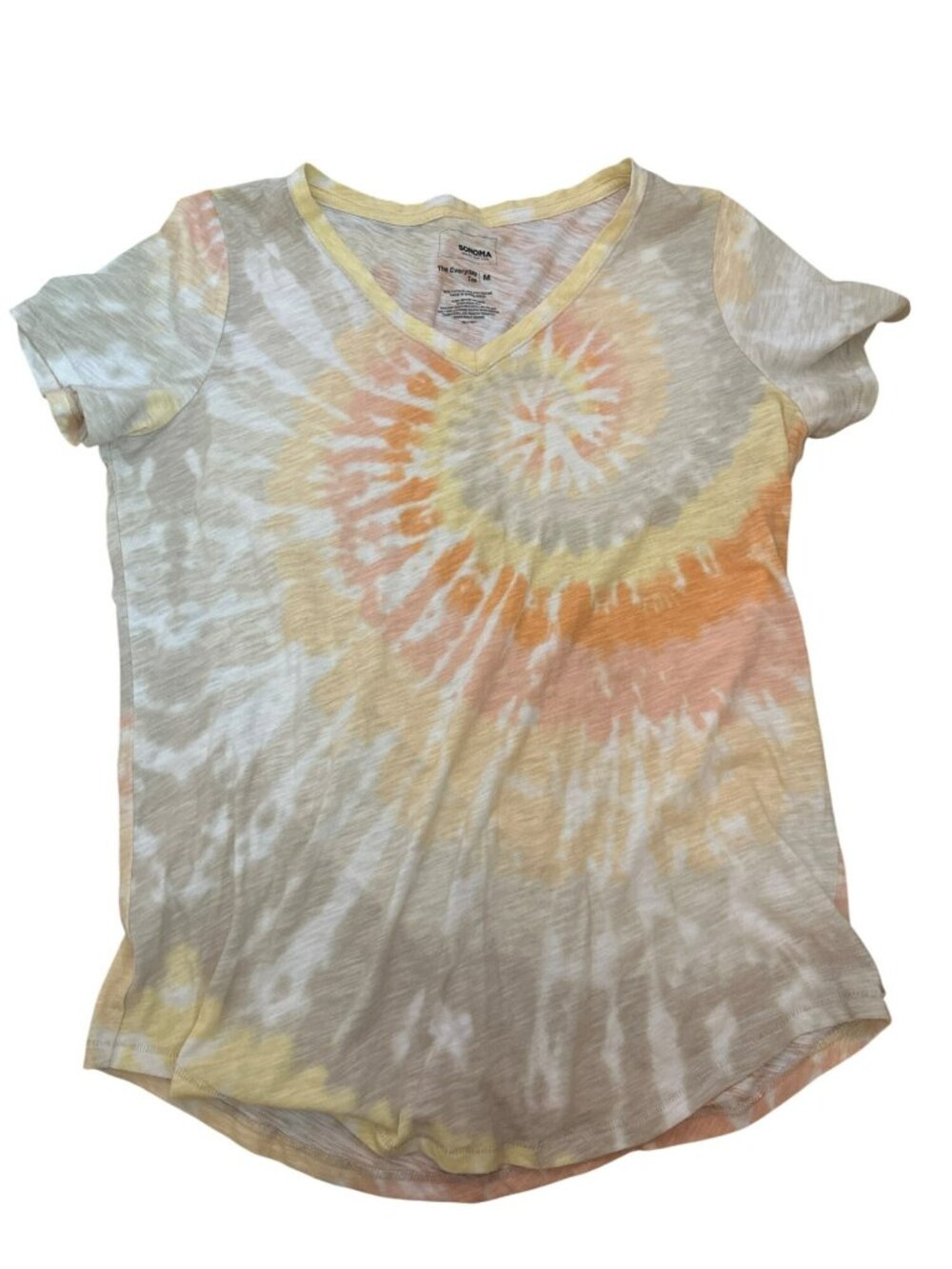 Sonoma The Everyday Tee Womens Medium Yellow Orange Cotton Blend Tie-Dye V-Neck